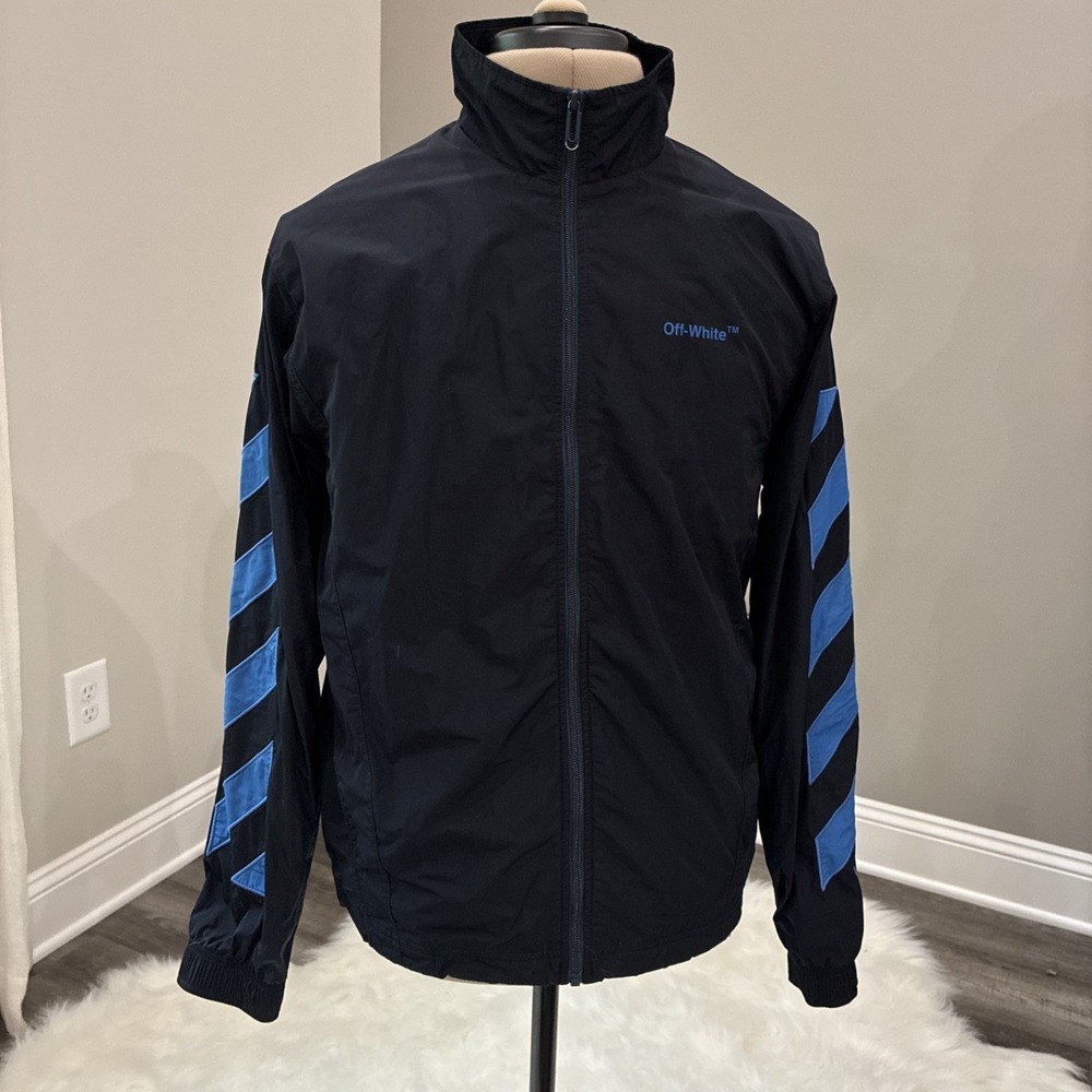 Off White Windbreaker Jacket Mens M Black Blue Diagonal Virgil Abloh Styling A1